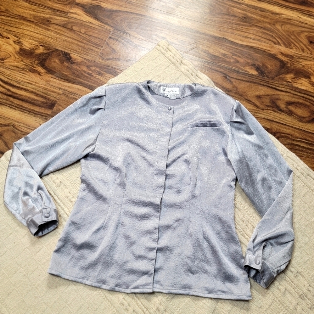 VTG Oscar De La Renta Satin Button Down Blouse size 14 Silver